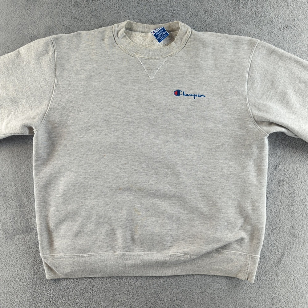 Vintage Champion Sweatshirt Mens XL Grey Script Logo Distressed Made in USA 90s